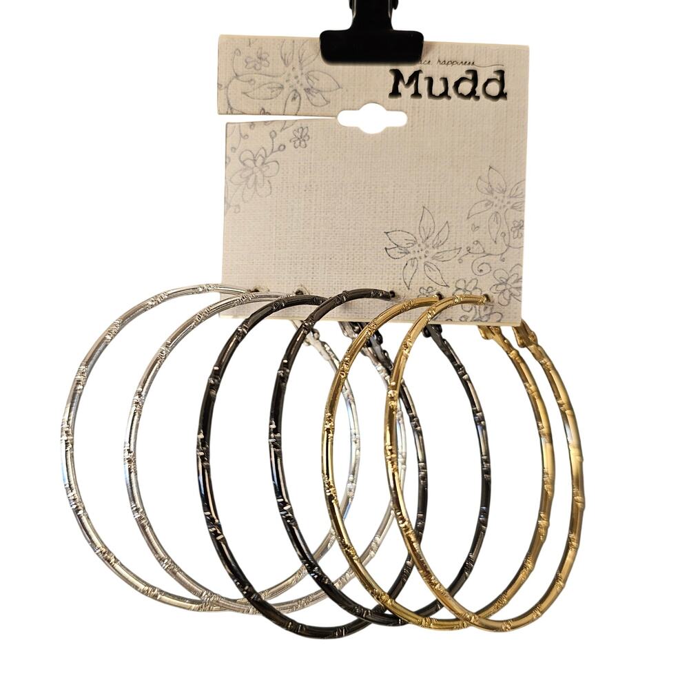 Mudd Mixed Metal Textured Hoop Earrings Set Silver Gold Black 2.75" 3 pairs